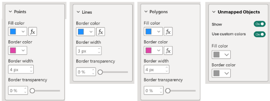 Recorte de pantalla en el que se muestran los controles de formato condicional para puntos, líneas, polígonos y objetos no administrados en el control de capa de referencia en Power&nbsp;BI&nbsp;Desktop.