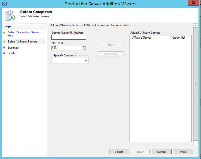 Captura de pantalla que muestra cómo especificar el servidor de VMware.