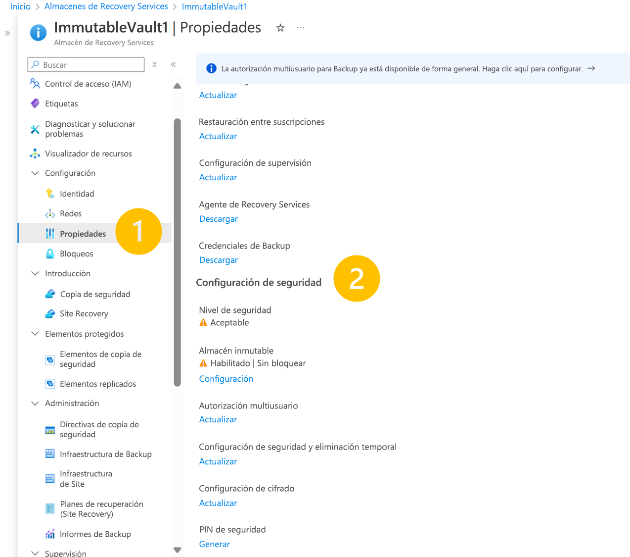 Captura de pantalla que muestra cómo abrir la configuración del almacén inmutable para deshabilitarla.