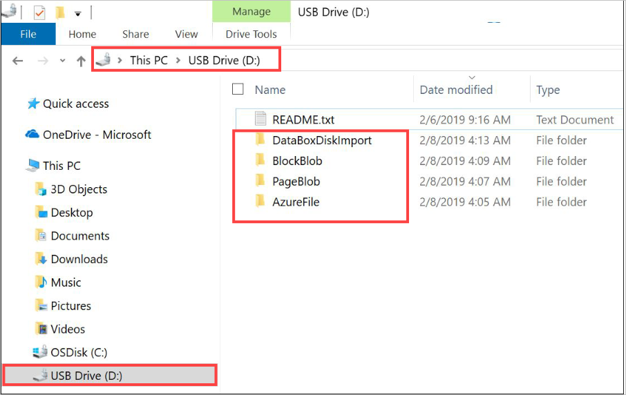 Captura de pantalla que muestra el directorio raíz del disco de Azure Data Box.