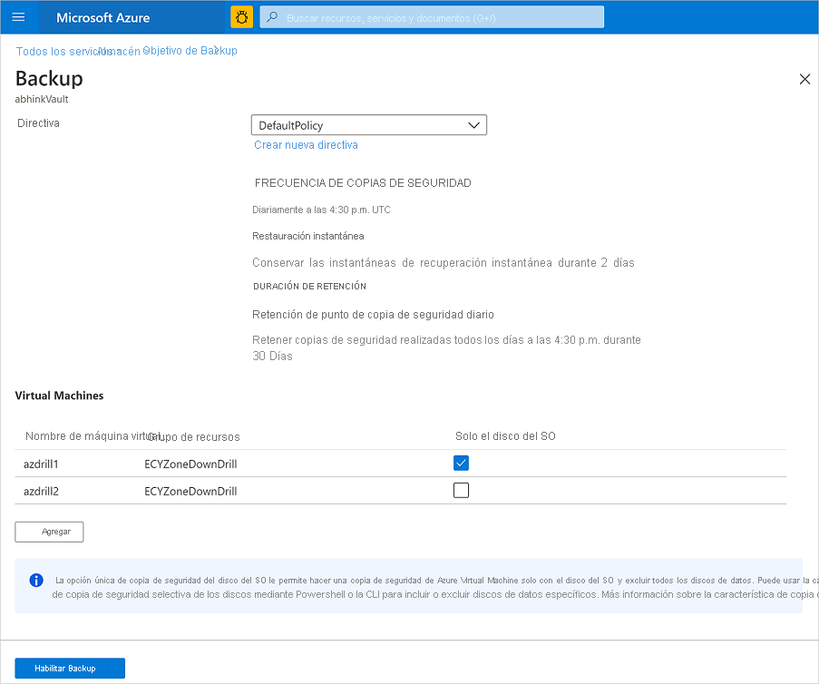 Captura de pantalla que muestra la configuración de la copia de seguridad solo para el disco del sistema operativo.