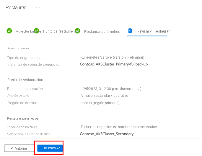 Captura de pantalla que muestra cómo iniciar la operación de restauración.
