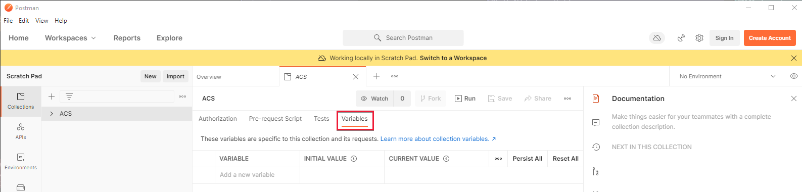 Captura de pantalla que muestra Postman con la pestaña Variables de Communication Services.