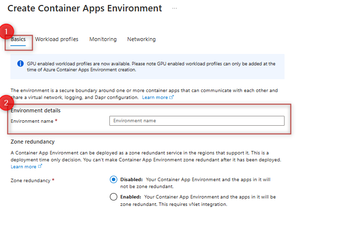 Captura de pantalla de la creación de una ventana de entorno de perfiles de carga de trabajo de Container&nbsp;Apps de Azure.