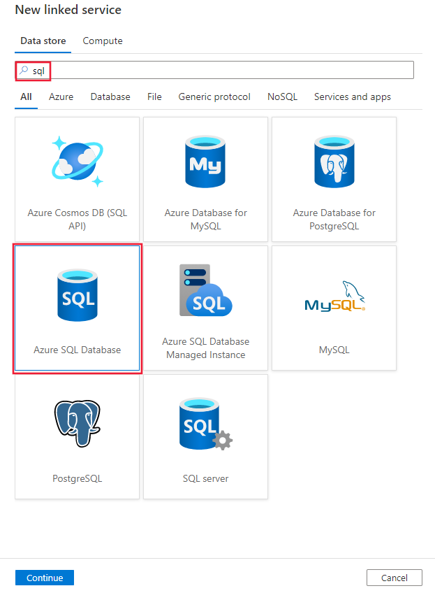Seleccionar el conector de Azure SQL Database.
