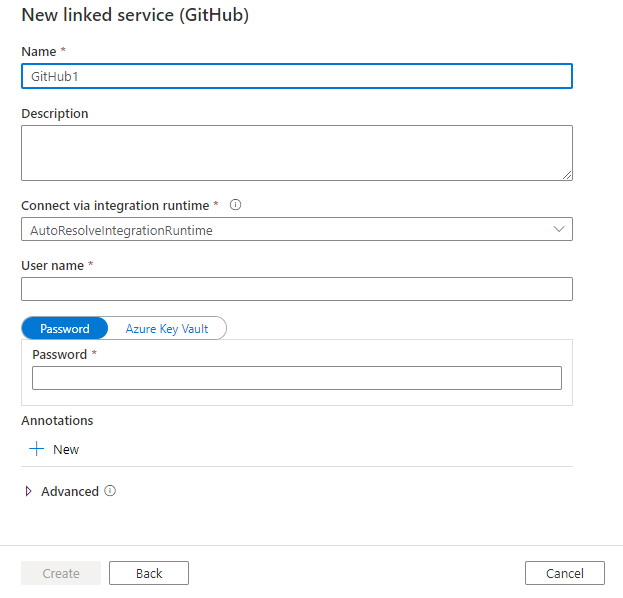Captura de pantalla de la configuración del servicio vinculado para GitHub.