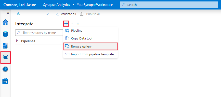 Screenshot que muestra las selecciones para abrir la galería de plantillas en Azure Synapse Analytics Studio.