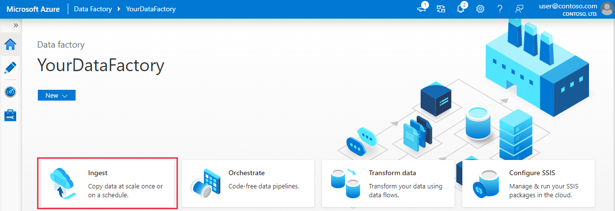 Captura de pantalla que muestra la página de una factoría de datos y el icono Ingesta en Azure Data Factory Studio.