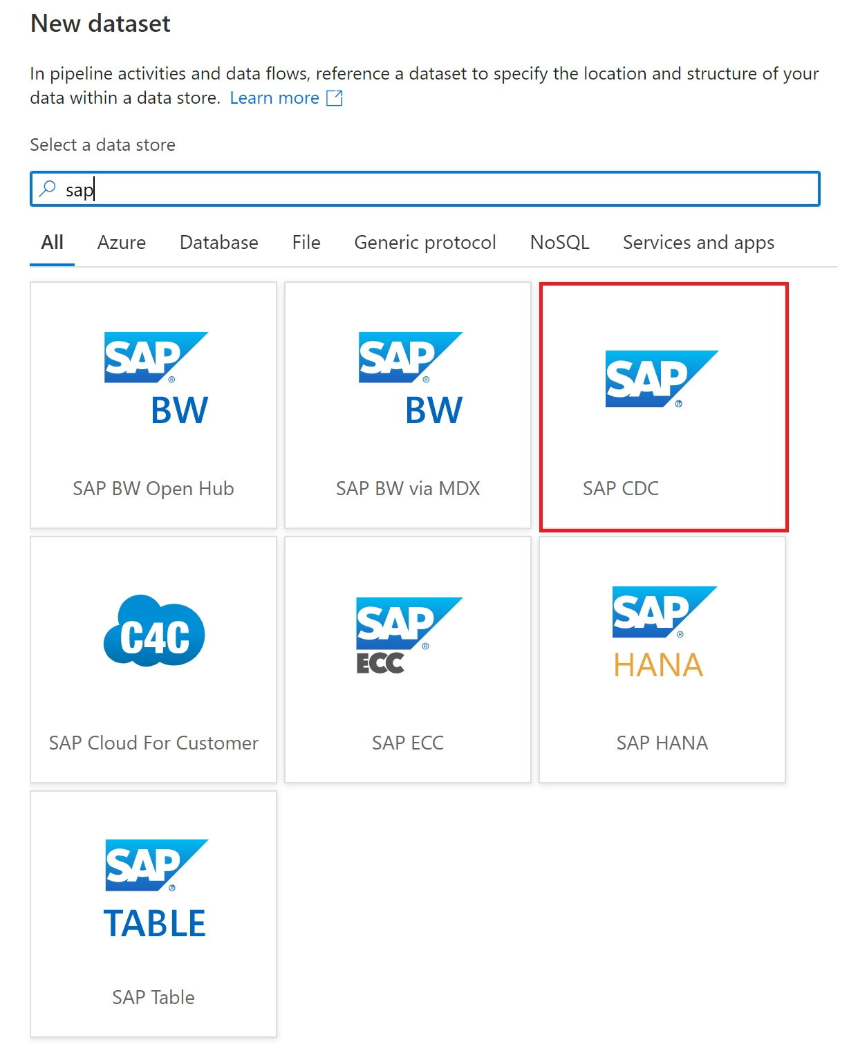 Captura de pantalla del tipo de conjunto de datos SAP CDC en el cuadro de diálogo de Nuevo conjunto de datos.