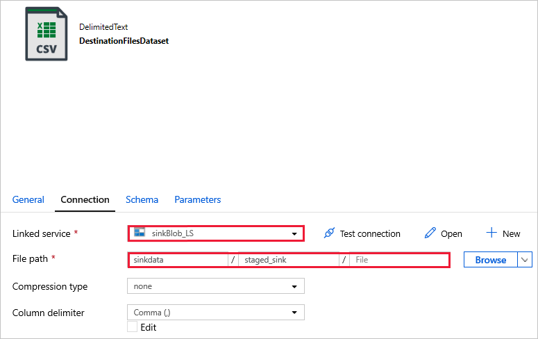Selecciones para el servicio vinculado y la ruta de archivo de DestinationFilesDataset