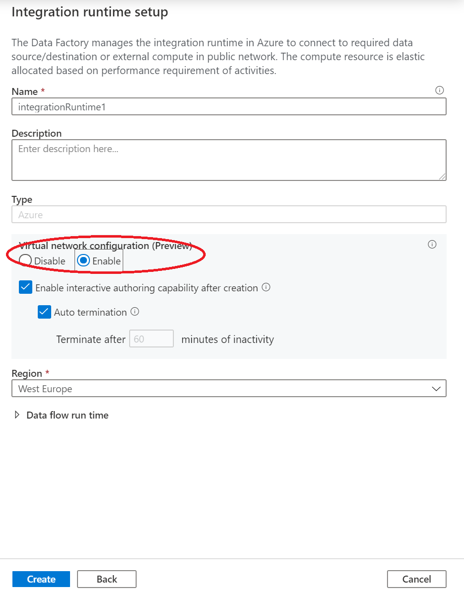 Screenshot que muestra cómo habilitar una nueva Azure IR.