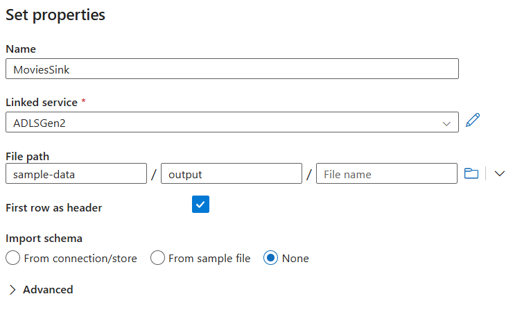 Recorte de pantalla de la página de creación del receptor con la primera fila como encabezado seleccionada.