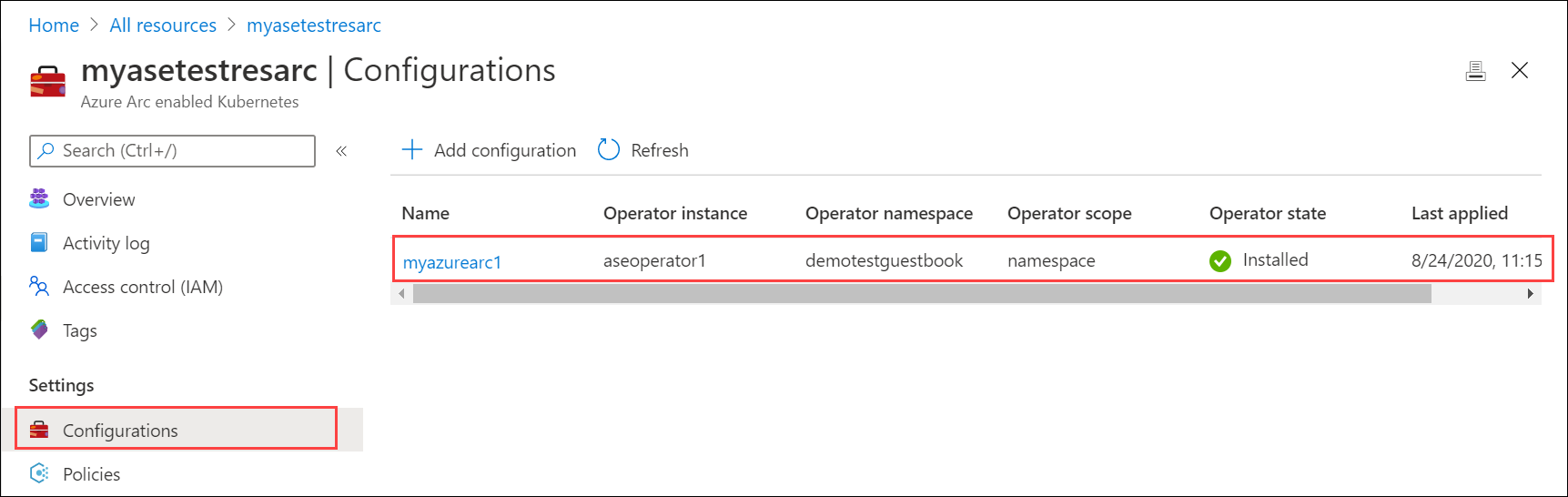 Captura de pantalla que muestra el clúster de Kubernetes habilitado para Azure Arc en un estado instalado.
