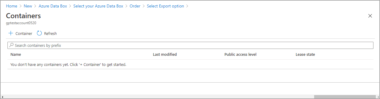 Recorte de pantalla que muestra las opciones Seleccionar exportación para un pedido de Data Box.
