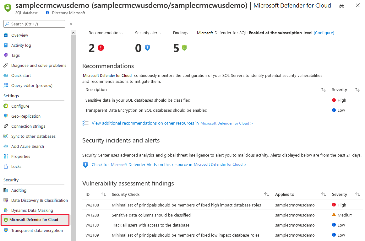 Azure Security Center las características de seguridad de SQL están disponibles desde Azure SQL
