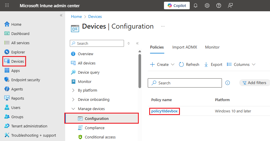 Captura de pantalla que muestra el Centro de administración de Microsoft Intune con el panel Dispositivos y la configuración del dispositivo resaltados.