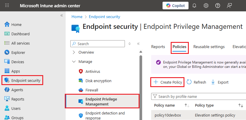 Captura de pantalla que muestra el Centro de administración de Microsoft Intune, que muestra el panel Administración de privilegios de punto de conexión.