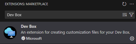 Captura de pantalla de la extensión Dev Box en Visual Studio Code en la que se muestran los detalles de la extensión y la opción de instalación.