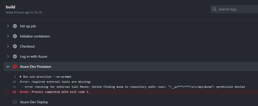 Captura de pantalla que muestra el error recibido al ejecutar azd pipeline config con AzDo para Java en Windows.
