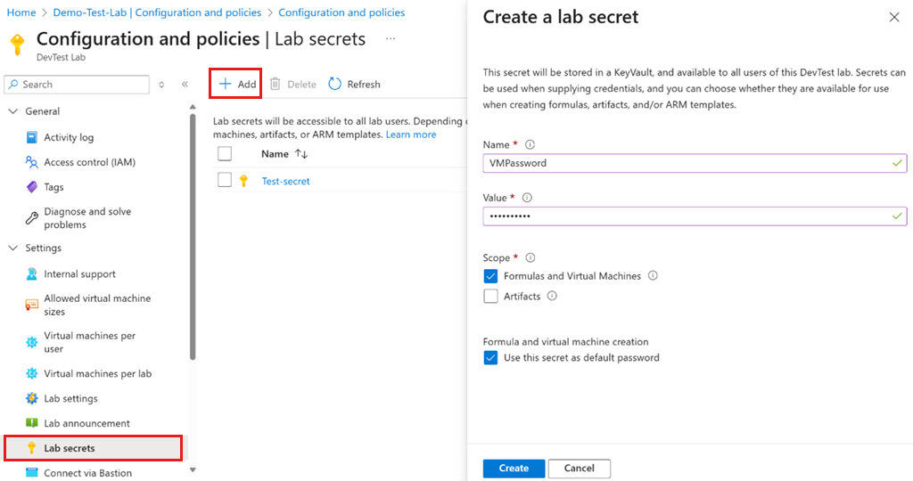 Captura de pantalla de secretos de laboratorio en Azure DevTest Labs.