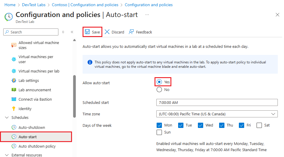 Captura de pantalla que muestra la selección inicio automático.
