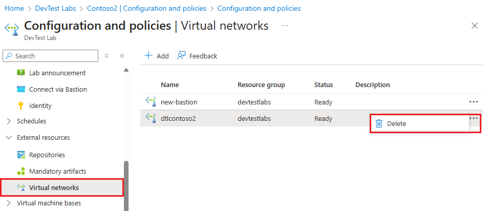 Captura de pantalla que muestra la eliminación de la red virtual de laboratorio anterior.