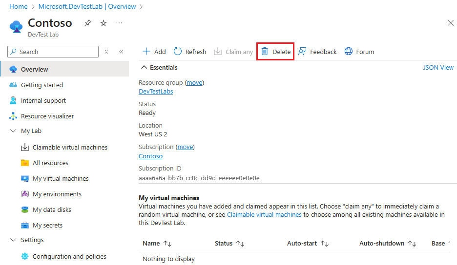 Captura de pantalla del botón Eliminar del laboratorio.