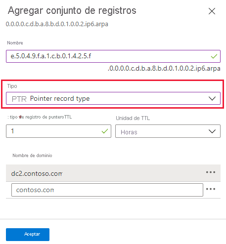 Recorte de pantalla de creación del registro de puntero IPv6.
