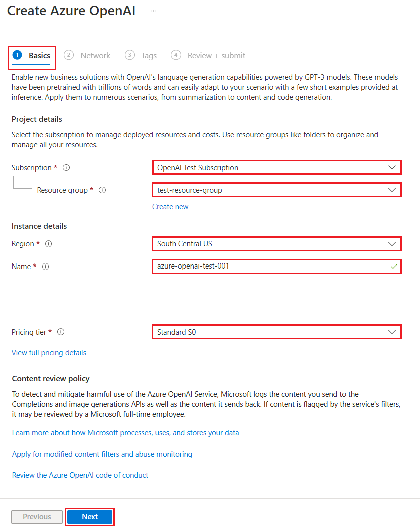 Captura de pantalla que muestra cómo configurar un recurso de Azure OpenAI en el portal de Azure.