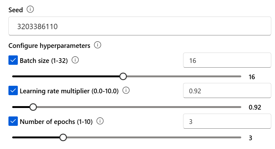 Captura de pantalla del área para configurar una semilla y los hiperparámetros en el portal de Foundry.