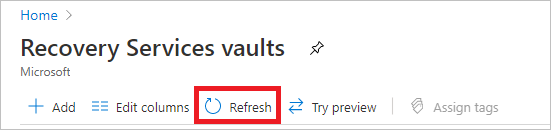 Captura de pantalla que muestra el botón para actualizar la lista de bóvedas de copia de seguridad.
