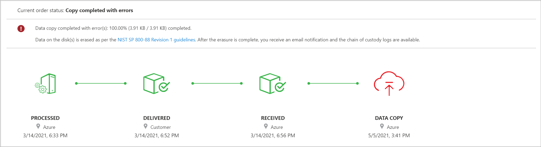 Presentación del estado de un pedido de importación de Data Box que se completó con errores