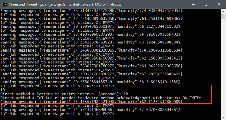 Captura de pantalla de una ventana de terminal que muestra el resultado directo del mensaje y la salida actualizada de la aplicación de dispositivo simulado.