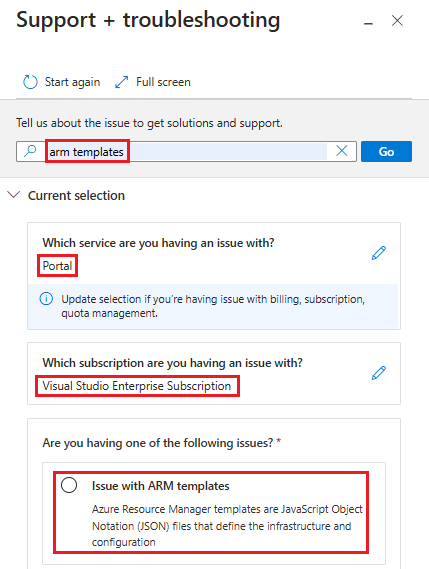 Captura de pantalla de la solicitud de compatibilidad con plantillas de ARM.