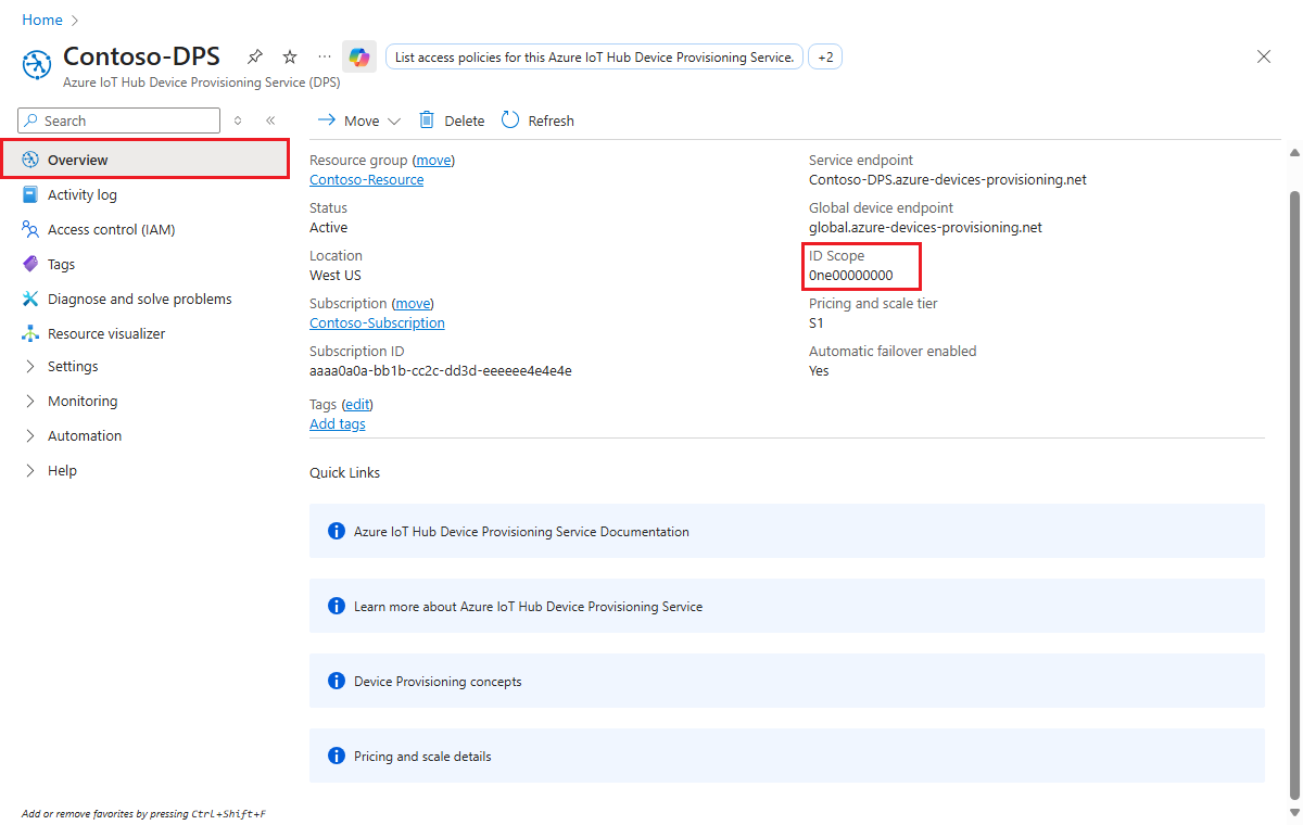 Recorte de pantalla del valor Id. de ámbito en la página de información general de Device Provisioning Service desde el portal.