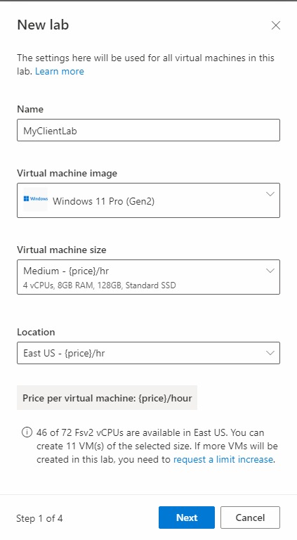Captura de pantalla de la ventana Nuevo laboratorio para Azure&nbsp;Lab Services.