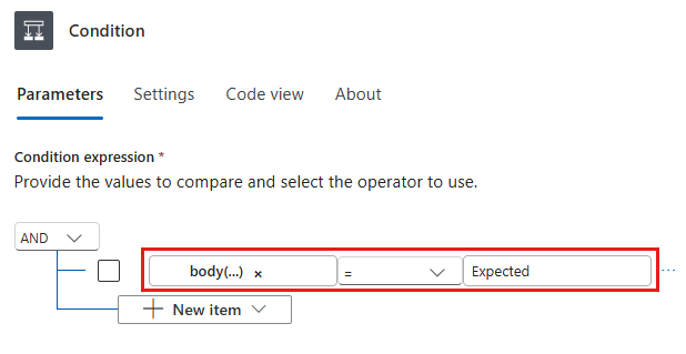 Captura de pantalla que muestra la acción Condición con la condición de ejemplo que se va a evaluar.