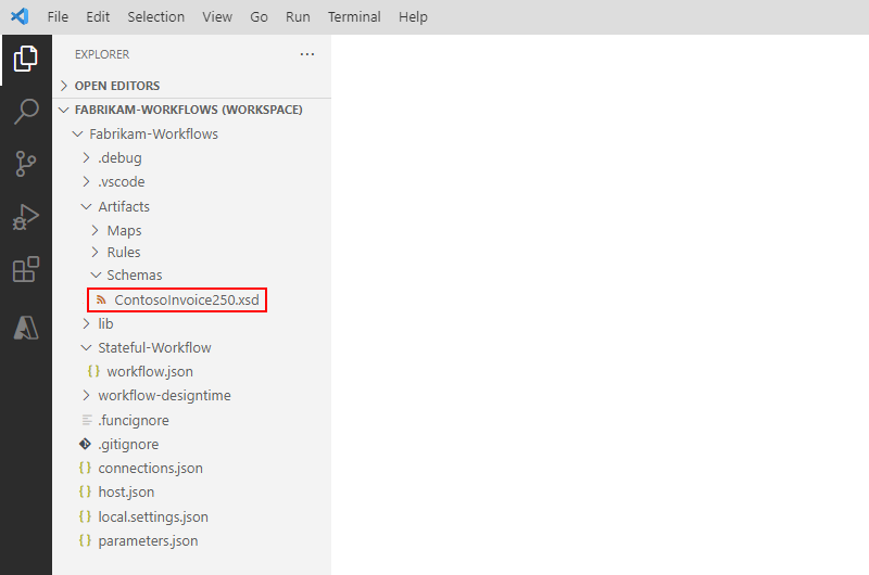 Captura de pantalla que muestra la estructura del proyecto de Visual Studio Code con las carpetas Artefactos y esquemas expandidos.
