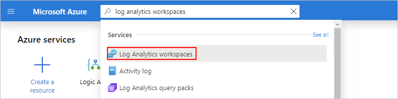 Captura de pantalla que muestra el cuadro de búsqueda de Azure Portal con áreas de trabajo de Log Analytics seleccionadas.