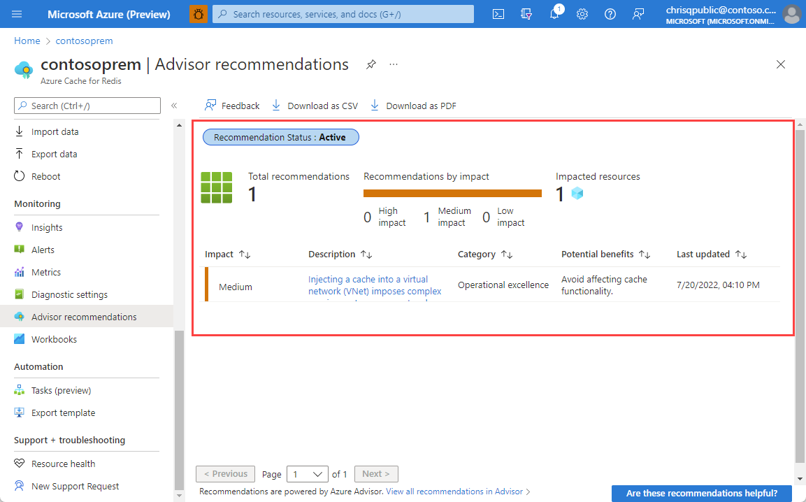 Captura de pantalla que muestra las recomendaciones de Advisor.