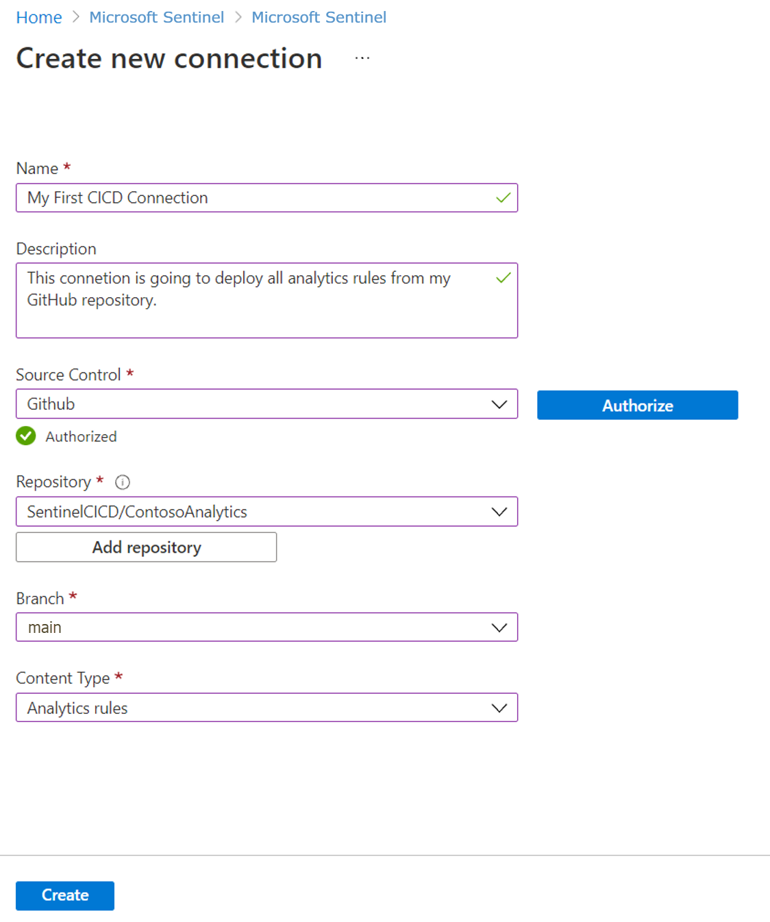 Captura de pantalla de una nueva conexión de repositorio de GitHub.