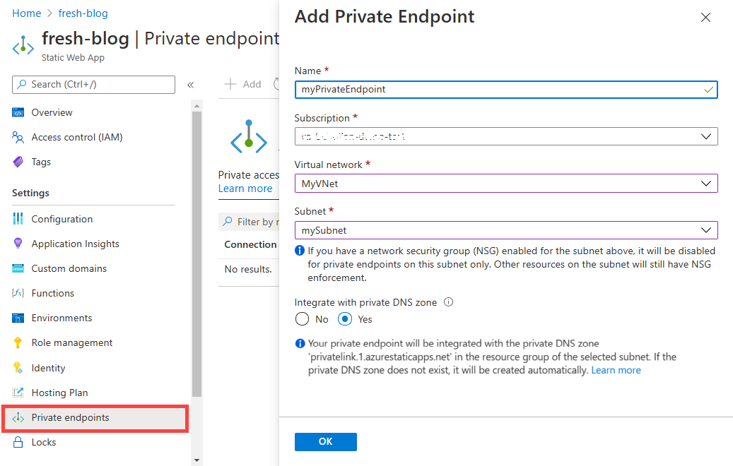 Recorte de pantalla del cuadro de diálogo Agregar punto de conexión privado en Azure Portal.