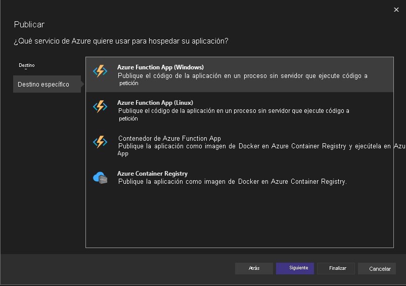 Una captura de pantalla que muestra cómo elegir Azure Functions como un destino de implementación específico.