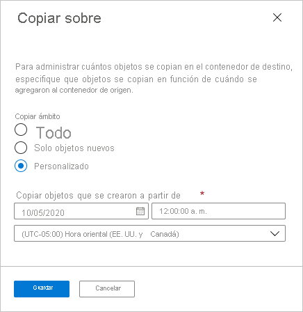 Captura de pantalla que muestra el ámbito de copia personalizado para la replicación de objetos