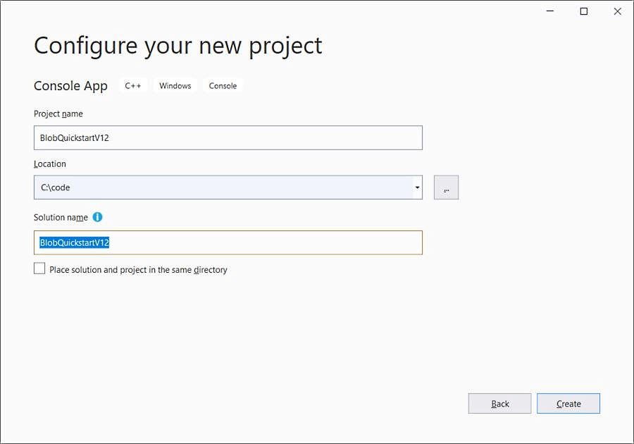 Cuadro de diálogo de Visual Studio para configurar una nueva aplicación de consola de Windows de C++