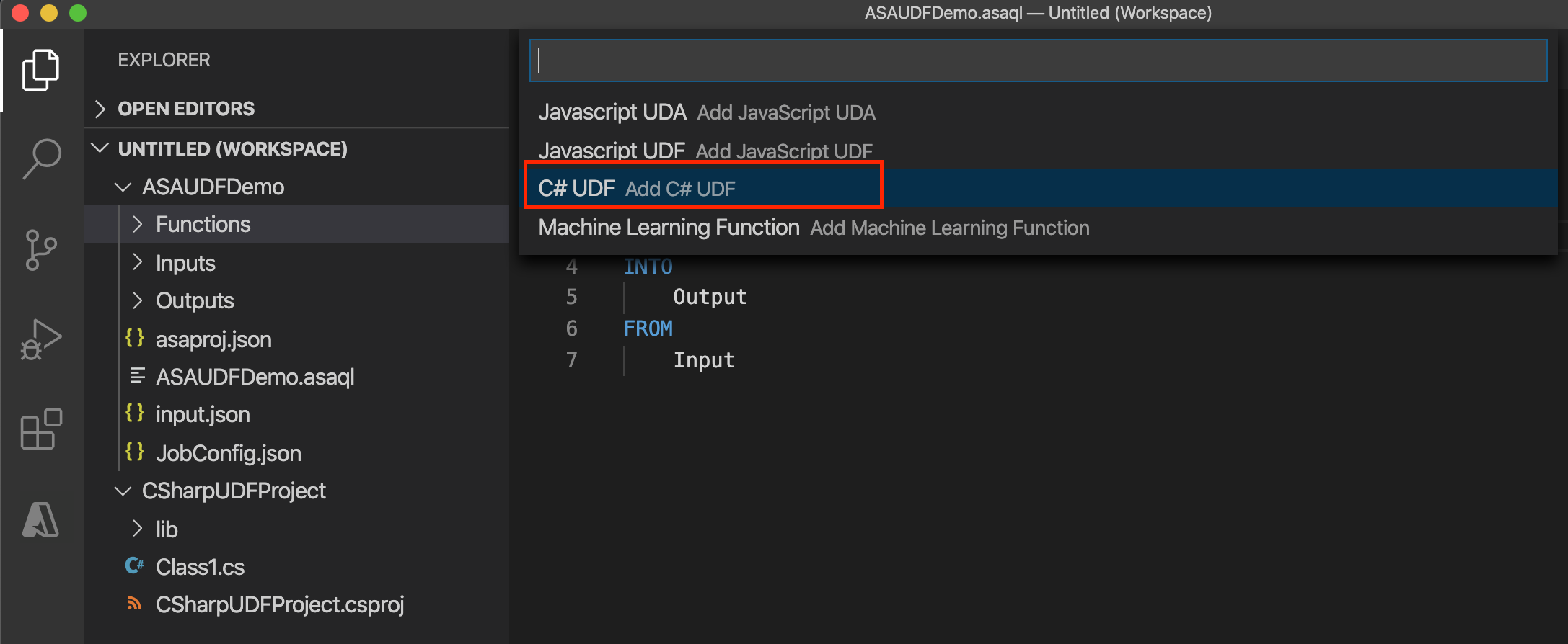 Selección de la función CSharp en el proyecto de Stream Analytics en VS Code