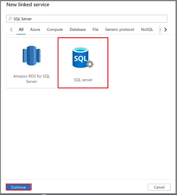Recorte de pantalla que muestra cómo crear un servicio vinculado de SQL Server.