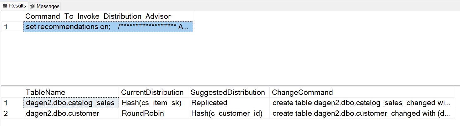 Captura de pantalla de la salida de un resultado de T-SQL que muestra el Command_to_Invoke_Distribution_Advisor con un segundo conjunto de resultados que contiene comandos T-SQL de cambio de tabla.