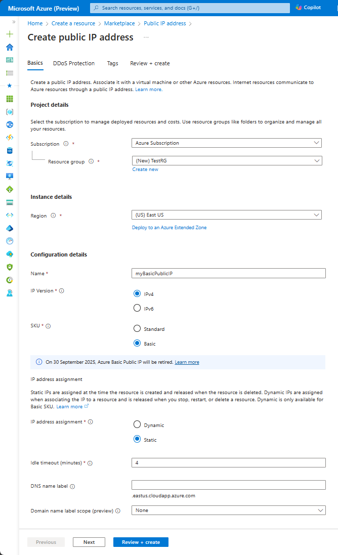 Recorte de pantalla que muestra la configuración de la pestaña Aspectos básicos de la pantalla Crear dirección IP pública de un SKU básico.