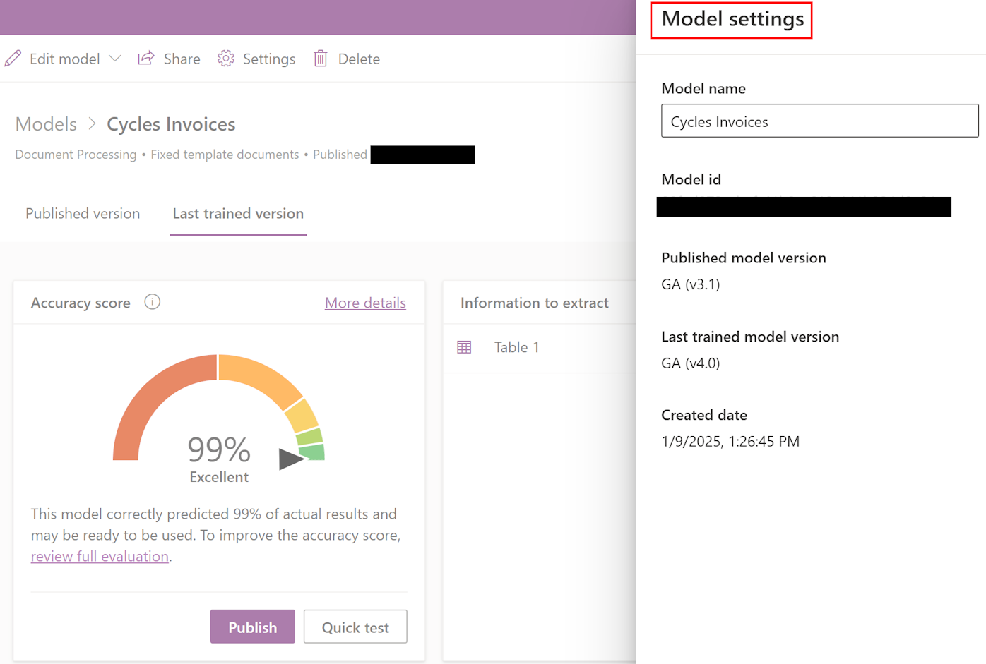 Captura de pantalla del panel 'Configuración del modelo' para obtener la última versión del modelo publicada GA y la última versión del modelo entrenado GA.